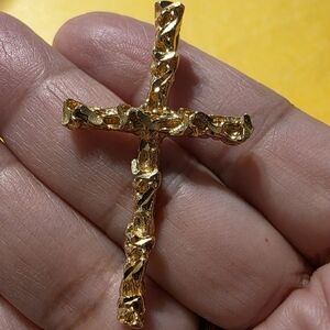 Goldtone Textured Cross Pendant Gold Nugget Unisex